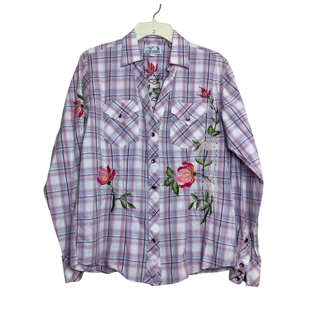Panhandle Slim Western Shirt Womens Large Pink‎ Plaid Floral Rodeo Queen Glam